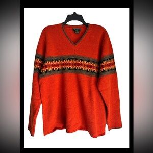 Eddie Bauer VINTAGE V-Neck Lambswool Sweater Orange with Patterned Stripe Sz L